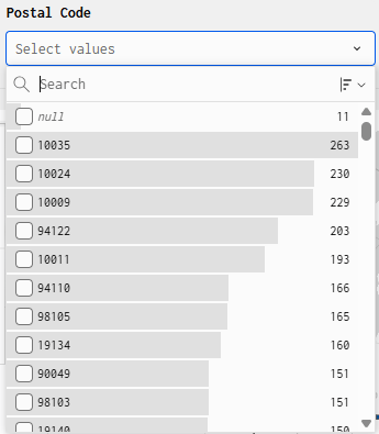 Sigma List values control showing long list of postal codes