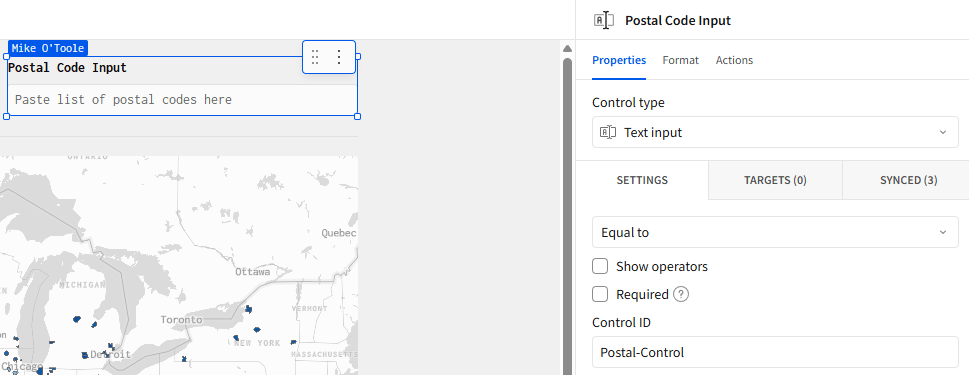 Text Input control properties showing Control ID = Postal-Control